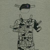 Paper doll illustration of fatigues with beret