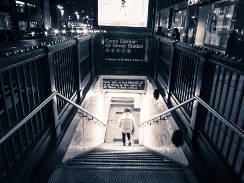 Black and white photo of the entrance to the subway at Grand Central and 42nd St. station